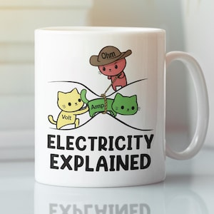 Op de afbeelding: Witte keramische mok met een handvat. De mok heeft een cartoon illustratie van drie katten die elektrische eenheden vertegenwoordigen, met de tekst "Electricity Explained" eronder. De katten zijn geel, groen en rood.