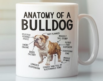 Anatomy of a Bulldog Mug, Funny English Bulldog Gifts, Bull Dog Lover Coffee Cup, Cute Cartoon Sarcastic Meme Graphic Present for Dad Mom