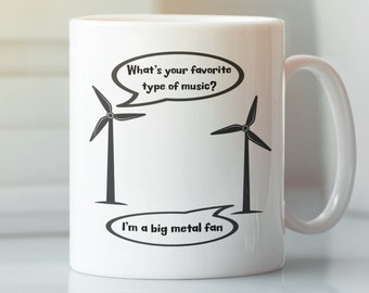 Wind Turbine Gifts, Wind Turbines Mug, Heavy Metal Fan, Renewable Energy, What's Your Favorite Type of Music? I'm a Big Metal Fan, Windmill