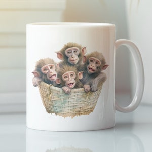 Baboon Mug, Basket of Monkeys Coffee Cup, Baboon Lover Gifts, Barrel of Monkeys, Baby Baboons in a Basket, Cute Baboons, Cartoon Monkey