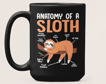 May include: Black coffee mug featuring a white graphic of a sloth with the text "Anatomy of a Sloth" and labels for different parts of the sloth's body.