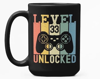 Regalos de 33 cumpleaños para gamers, nivel 33 desbloqueado, divertido regalo de cumpleaños para gamers, taza de cumpleaños para gamers de 33 años, taza de café de treinta y tres