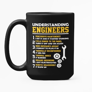 Könnte beinhalten: Schwarze Keramik-Tasse mit dem Text "UNDERSTANDING ENGINEERS" in Gelb und Weiß. Die Tasse listet humorvolle Schritte zur Fehlersuche in der Technik auf. Eine Schraubenschlüssel- und Zahnradgrafik ist ebenfalls enthalten.