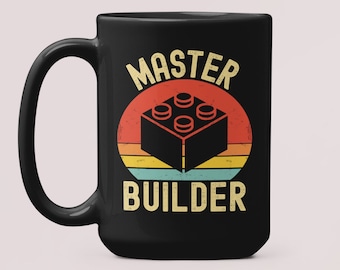 Master Builder Mug, Master Builder Gifts, Building Blocks Birthday Gift, Funny Dad Cup, Retro Vintage Building Bricks Coffee Cup Present