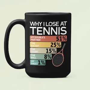 Puede incluir: Taza de café negra con un gráfico blanco que dice "Why I Lose at Tennis" con un gráfico de barras que muestra el porcentaje de pérdidas atribuidas a diferentes factores, incluyendo el compañero de dobles, la raqueta, la cancha, la pelota y mi culpa. El gráfico incluye un icono de raqueta de tenis.
