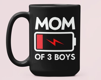Mutter von drei Jungen-Geschenken, Mutter mit 3-Sohn-Kaffeetasse, schwache Batterie, leere Batterie Mutter, Mutter von 3 Muttertagskaffeetassen, Geschenke für Mutter