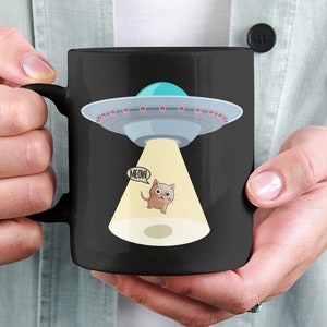 Cat Abduction Mug, Alien Cat Gift, Alien Abducting a Cat Coffee Mug, Cat Meow Mug, Funny Extra Terrestrial Mug, ET Spaceship Present