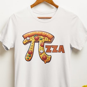 May include: White t-shirt featuring a graphic of a pizza slice shaped like the mathematical symbol pi, with the word "ZZA" next to it.