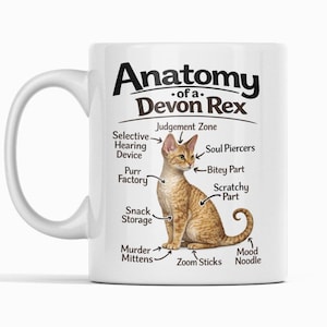 May include: White ceramic mug featuring a Devon Rex cat illustration with labeled anatomy. The text includes "Anatomy of a Devon Rex" and humorous labels like "Purr Factory" and "Zoom Sticks".
