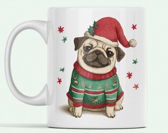 Mops julmugg, söt hund i tomtehatt och ful tröja, festlig kaffekoppgåva
