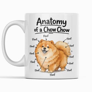 May include: White ceramic mug with a cartoon Chow Chow dog illustration and the text "Anatomy of a Chow Chow." The dog is in shades of brown and tan, with labels pointing to its fluffy features. A fun gift.