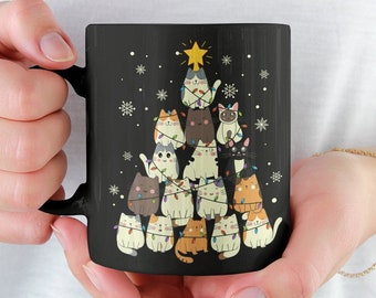 Tasse de Noël de chat mignon, arbre de Noël de chat, cadeau de chat de Noël, cadeau de chat drôle, Noël amoureux des chats, tasse de thé de chat