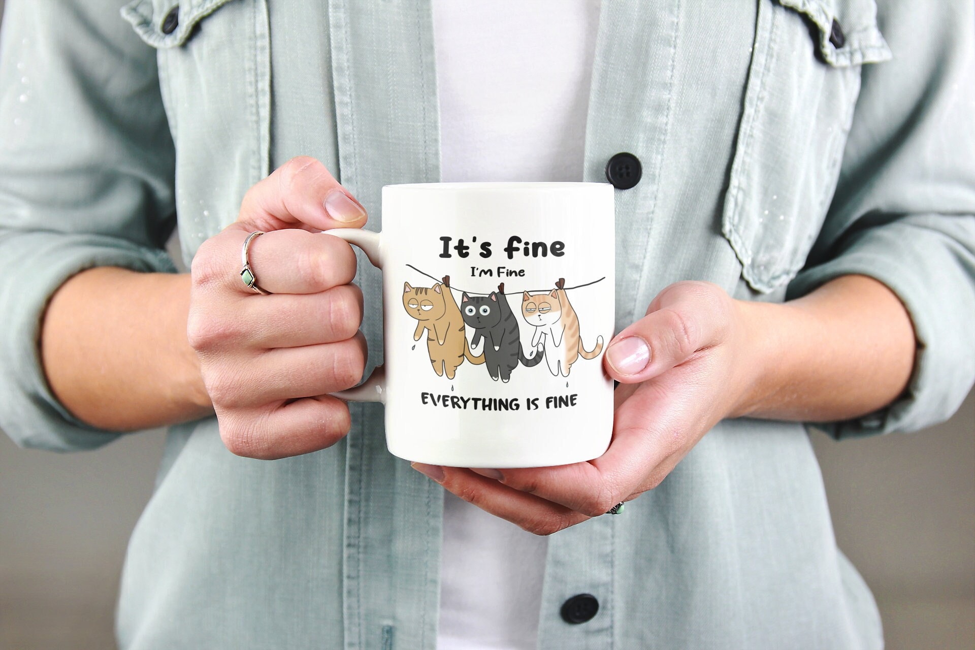 It's Fine I'm Fine Cat Mug, Everything is Fine Cats, Cats on Clothesline, Funny Cat Coffee Cup, Sarcastic Cat Gifts, Cat Humor