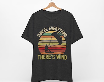 Cancel Everything There's Wind tee | Kiteboarding silhouette, retro sunset