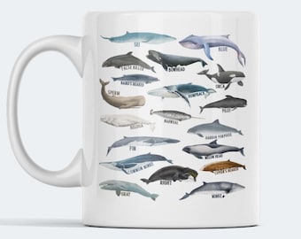 Mug baleines du monde, tasse à café espèce de baleine, cadeau vie marine, tasse amoureux de l'océan, art animalier nautique, cadeau biologiste marin