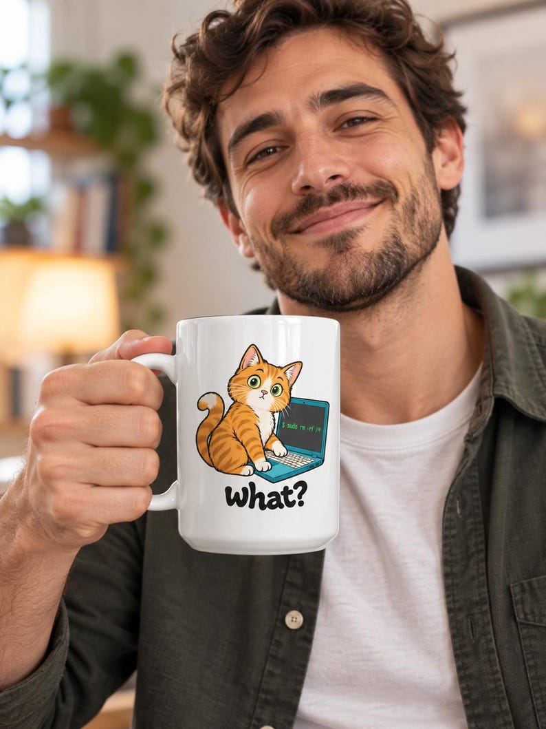 Op de afbeelding: Een witte keramische mok met een cartoonillustratie van een oranje cyperse kat die achter een blauwe laptop zit. De kat heeft grote groene ogen en kijkt omhoog. Onder de kat staat het woord "what?" in dikgedrukte, zwarte letters.