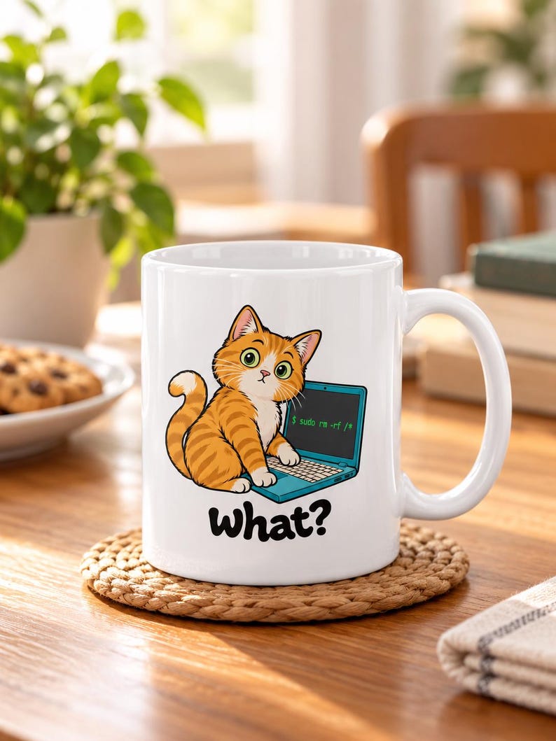 Op de afbeelding: Een witte keramische mok met een cartoon van een oranje cyperse kat voor een blauwgroene laptop. Op het scherm staat de opdracht $ sudo rm -rf /* en het woord What? is in zwarte letters onder de kat gedrukt.
