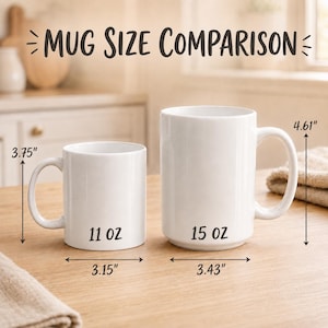 Op de afbeelding: Twee witte keramische mokken gelabeld 11 oz en 15 oz met de tekst MUG SIZE COMPARISON. De 11 oz mok is 3,75 inch hoog en 3,15 inch breed. De 15 oz mok is 4,61 inch hoog en 3,43 inch breed, wat een duidelijke visuele vergelijking toont.