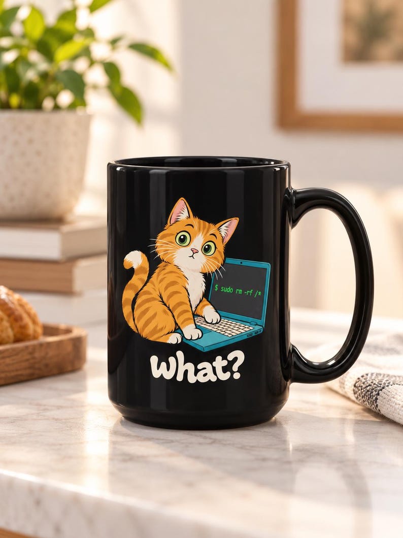 Op de afbeelding: Een zwarte keramische mok met een cartoon van een oranje cyperse kat die voor een blauwe laptop zit. Op het scherm staat de tekst $ sudo rm -rf / in het groen en het woord what? staat in het wit onder de kat. De mok heeft een gebogen oor.