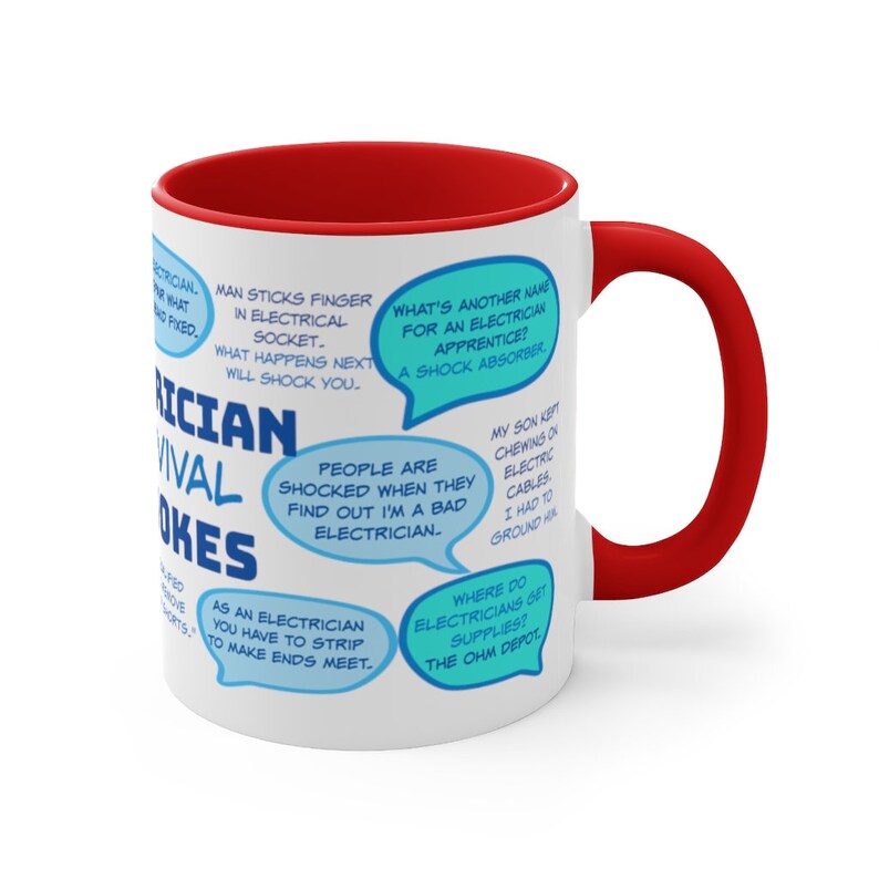 May include: White ceramic mug with a red interior and handle. The mug features the text "Electrician Survival Jokes" and several jokes in speech bubbles. A humorous gift for electricians.
