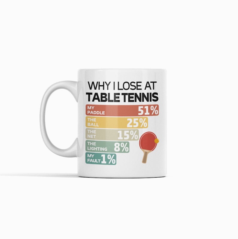 K&ouml;nnte beinhalten: Wei&szlig;e Keramiktasse mit einer Grafik, die "WHY I LOSE AT TABLE TENNIS" sagt, und einem Balkendiagramm, das den Prozentsatz der Verluste zeigt, die verschiedenen Faktoren zugeschrieben werden, darunter der Schl&auml;ger, der Ball, das Netz, die Beleuchtung und meine Schuld. Das Balkendiagramm ist in einem Retro-Farbschema gehalten.
