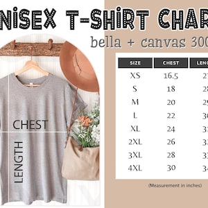 May include: Unisex t-shirt size chart for bella + canvas 3001 t-shirts. The chart shows chest and length measurements in inches for sizes XS to 4XL.