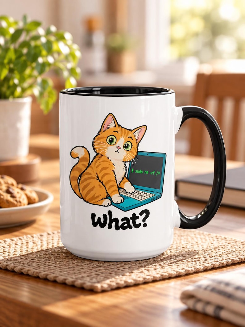 Op de afbeelding: Een witte keramische mok met een zwarte handgreep en rand, voorzien van een cartoon van een oranje cyperse kat achter een blauwgroene laptop. Het scherm toont de tekst $ sudo rm -rf / en het woord what? staat in zwarte letters onder de kat.