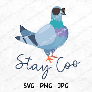 May include: A blue and purple pigeon wearing sunglasses with the text "Stay Coo" written in cursive below it. The image is on a white marble background.