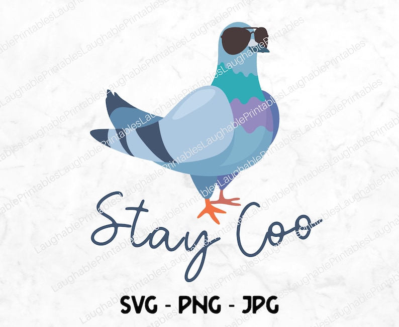 May include: A blue and purple pigeon wearing sunglasses with the text "Stay Coo" written in cursive below it. The image is on a white marble background.