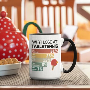 K&ouml;nnte beinhalten: Eine wei&szlig;e Keramik-Kaffeetasse mit schwarzem Henkel. Die Tasse hat eine Grafik mit dem Text "Warum ich beim Tischtennis verliere" mit einem Balkendiagramm, das den Prozentsatz der Verluste zeigt, die auf verschiedene Faktoren zur&uuml;ckzuf&uuml;hren sind, darunter der Schl&auml;ger, der Ball, das Netz, die Beleuchtung und meine Schuld. Die Grafik enth&auml;lt einen roten und schwarzen Tischtennisschl&auml;ger.