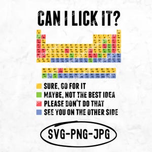 May include: A white graphic design featuring the text "CAN I LICK IT?" above a periodic table of elements. Below, color-coded phrases offer advice, including "SURE, GO FOR IT." The design includes "SVG-PNG-JPG" at the bottom.
