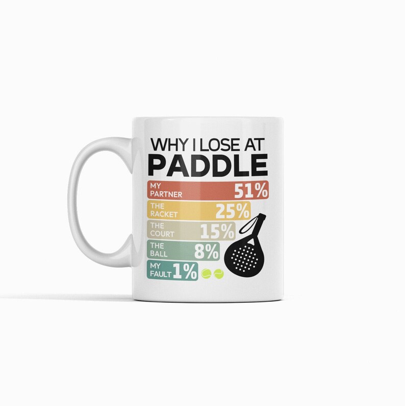 May include: White ceramic mug with a graphic that says "Why I Lose at Paddle" and lists reasons with percentages. The graphic features a paddle tennis racket and two tennis balls.