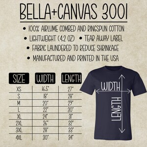 May include: A size chart for Bella + Canvas 3001 t-shirts, showing the width and length measurements in inches for sizes XS to 4XL. The chart is printed on a beige background with black text. The chart is accompanied by a black t-shirt with the words "WIDTH" and "LENGTH" printed on it.