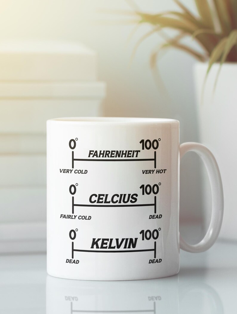 Op de afbeelding: Witte keramische mok met een zwart temperatuurschaalontwerp. De mok heeft Fahrenheit-, Celsius- en Kelvin-schalen, met temperatuurbereiken van "Zeer koud" tot "Zeer heet" en "Dood". De mok heeft een wit handvat.