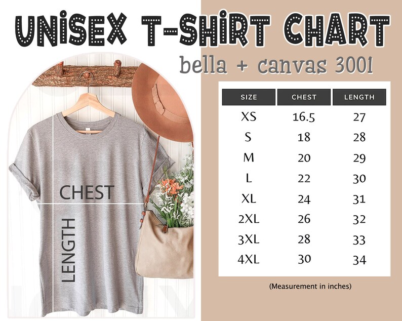 May include: Unisex t-shirt size chart for Bella + Canvas 3001 t-shirts. The chart shows chest and length measurements in inches for sizes XS to 4XL.