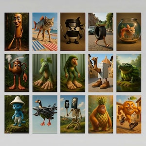 Op de afbeelding: Een verzameling grillige digitale kunstprints met antropomorfe personages. De afbeeldingen bevatten een ninja-koffiekopje, een kat met visvinnen, een kikker met een bandenlichaam en een skelet met een telefoon. Elk personage staat tegen een gedetailleerde achtergrond.