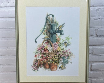 Flowers around antique water well - Embroidery - Tapestry - Patchwork - Cotton work - Framed
