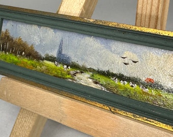 Miniatuur handgeschilderd horizontaal breed schilderij Nederlands Landschap