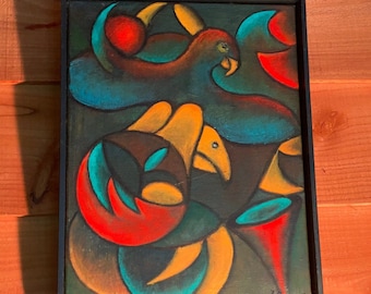 Dipinto astratto di un gruppo surrealista di uccelli