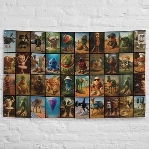 May include: A tapestry featuring a grid of 36 whimsical illustrations. Each square showcases a unique character, including a ninja, a ballerina, and a watermelon person. The artwork is vibrant and detailed, with a variety of colors and themes.