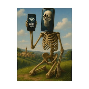 Pode incluir: Impressão de arte digital que retrata um esqueleto com um smartphone no lugar da cabeça e outro na mão, exibindo um sinal Wi-Fi. O esqueleto está ajoelhado em um campo gramado com uma vila ao fundo.