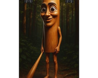 May include: A whimsical poster featuring a cartoonish wooden figure with a smiling face, arms, and legs, holding a baseball bat. The figure stands on a forest path, with a blurred forest background.