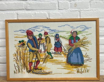 Vintage Dutch Farmers Larger Embroidery - Tapestry - Patchwork - Cotton work - Framed