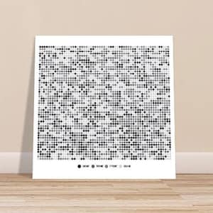 May include: A black and white abstract art print with a pixelated design. The print features a variety of shades of grey and black dots arranged in a random pattern.