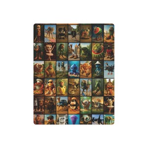 Puede incluir: Una impresión artística rectangular y colorida con una cuadrícula de personajes ilustrados. Cada cuadrado muestra una figura única y caprichosa, incluyendo animales, alimentos y criaturas fantásticas. La obra de arte es vibrante y detallada, con una variedad de colores y estilos.