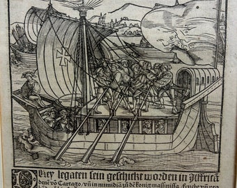 Gravure sur bois originale de 1530 sur les navires de guerre allemands