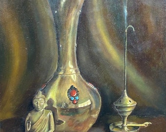 H. Janssen (20. Jahrhundert) – Stillleben mit Buddha und glänzender Vase und Räuchergefäß