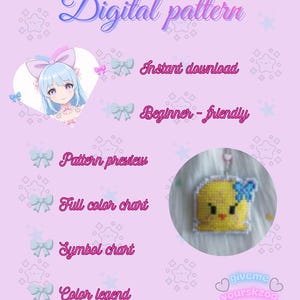 May include: Digital pattern design featuring a cross-stitch cartoon chick. The image includes text that says "Instant download" and "Beginner-friendly". The background is light purple with decorative bows and stars.
