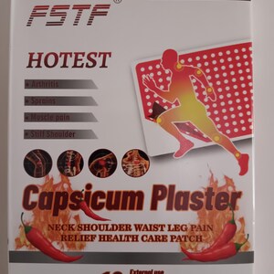 May include: A white box with the text "HOTEST" and "Capsicum Plaster". The box features illustrations of a person and chili peppers. The text indicates the product is for neck, shoulder, waist, and leg pain relief.