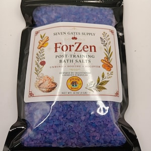 May include: A black resealable pouch containing purple and blue bath salts. The label reads Seven Gates Supply ForZen Post-Training Bath Salts, Unwind Soothe Recover, Inspired by Traditional Liniment Formulas, and Net Wt. 16 oz (1 lb).